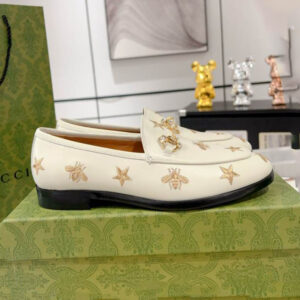Gucci Jordaan White Bee & Star Embroidered Leather Loafer – GL076