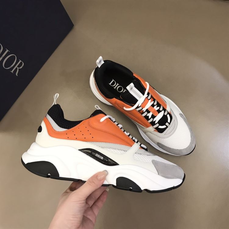 DIOR B22 SNEAKERS BLACK AND WHITE TECHNICAL MESH WITH ORANGE AND WHITE SMOOTH CALFSKIN – DO003 - Image 4