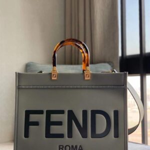 FENDI SUNSHINE MEDIUM GREY LEATHER SHOPPER - F019