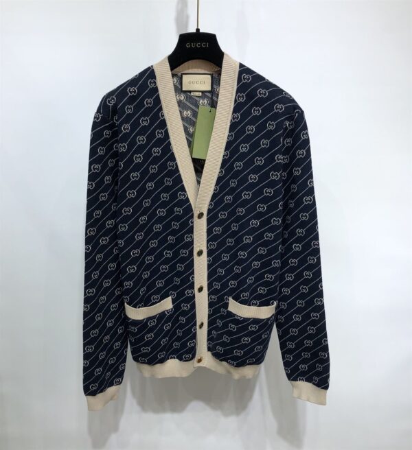 GUCCI NAVY & OFF-WHITE GG JACQUARD CARDIGAN – GCJ003 - Image 2